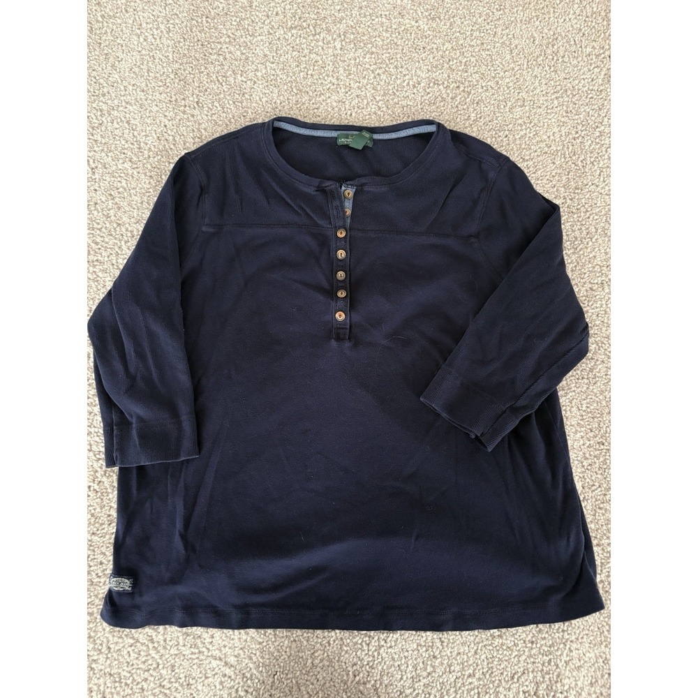 Lauren Ralph Lauren Women 2X Navy Blue Ribbed Henley Shirt 3/4 Sleeve Top Casual